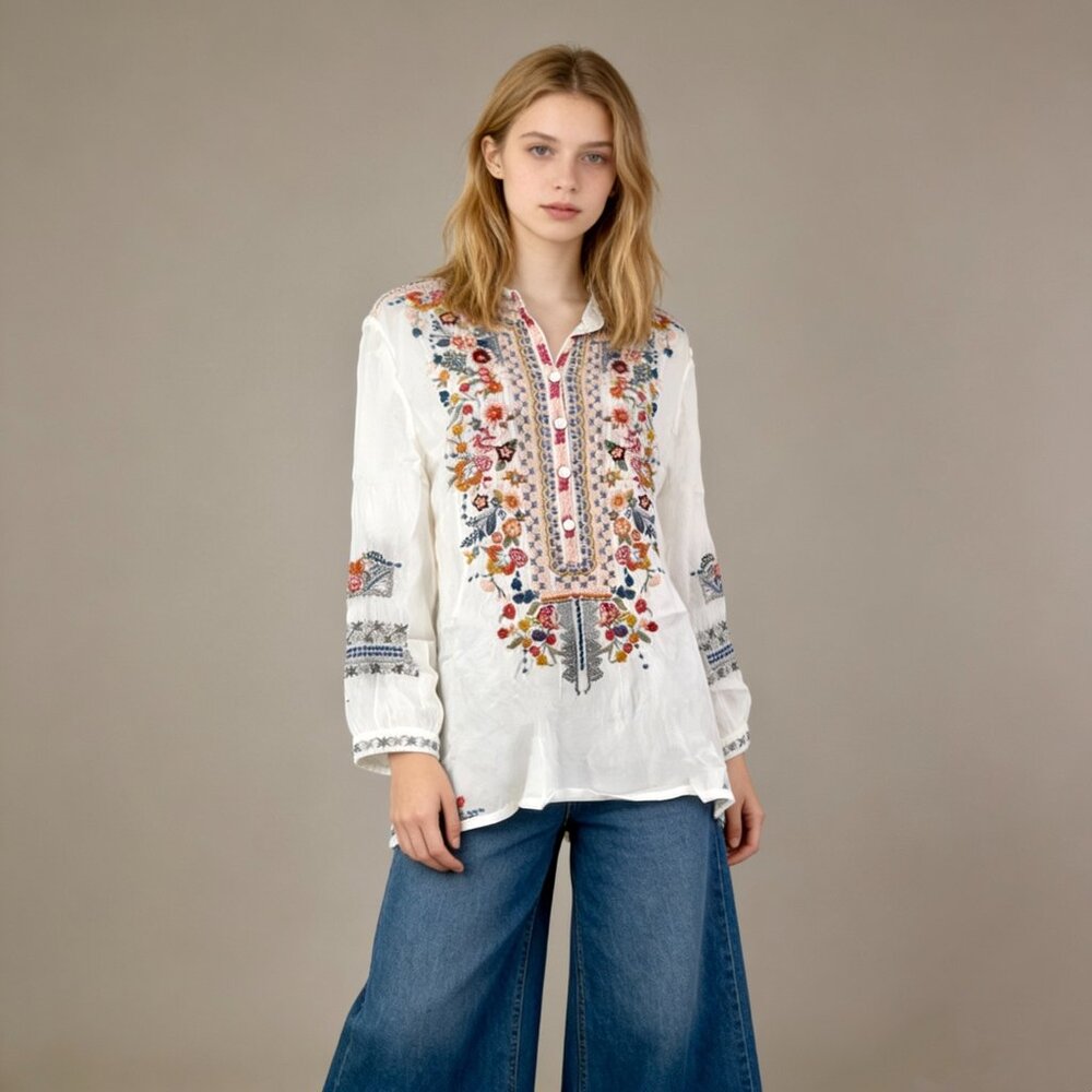 NWOT Johnny Was Floral Embroidered Long Sleeves V-Neck Shirt Blouse Size S